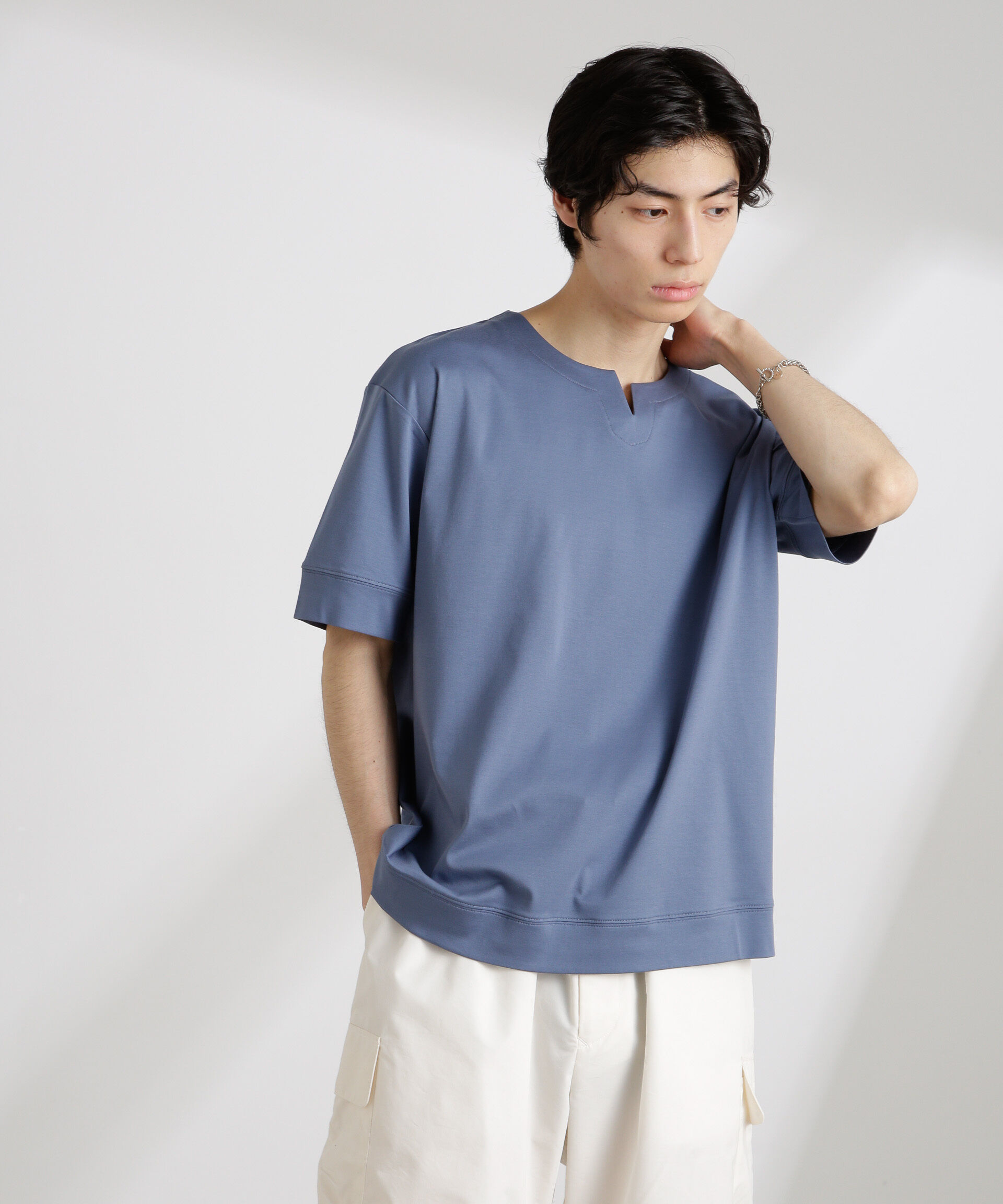 nano･universe「50/－シルケットスムースキーネックTシャツ」|Tシャツ・カットソー|ブルー
