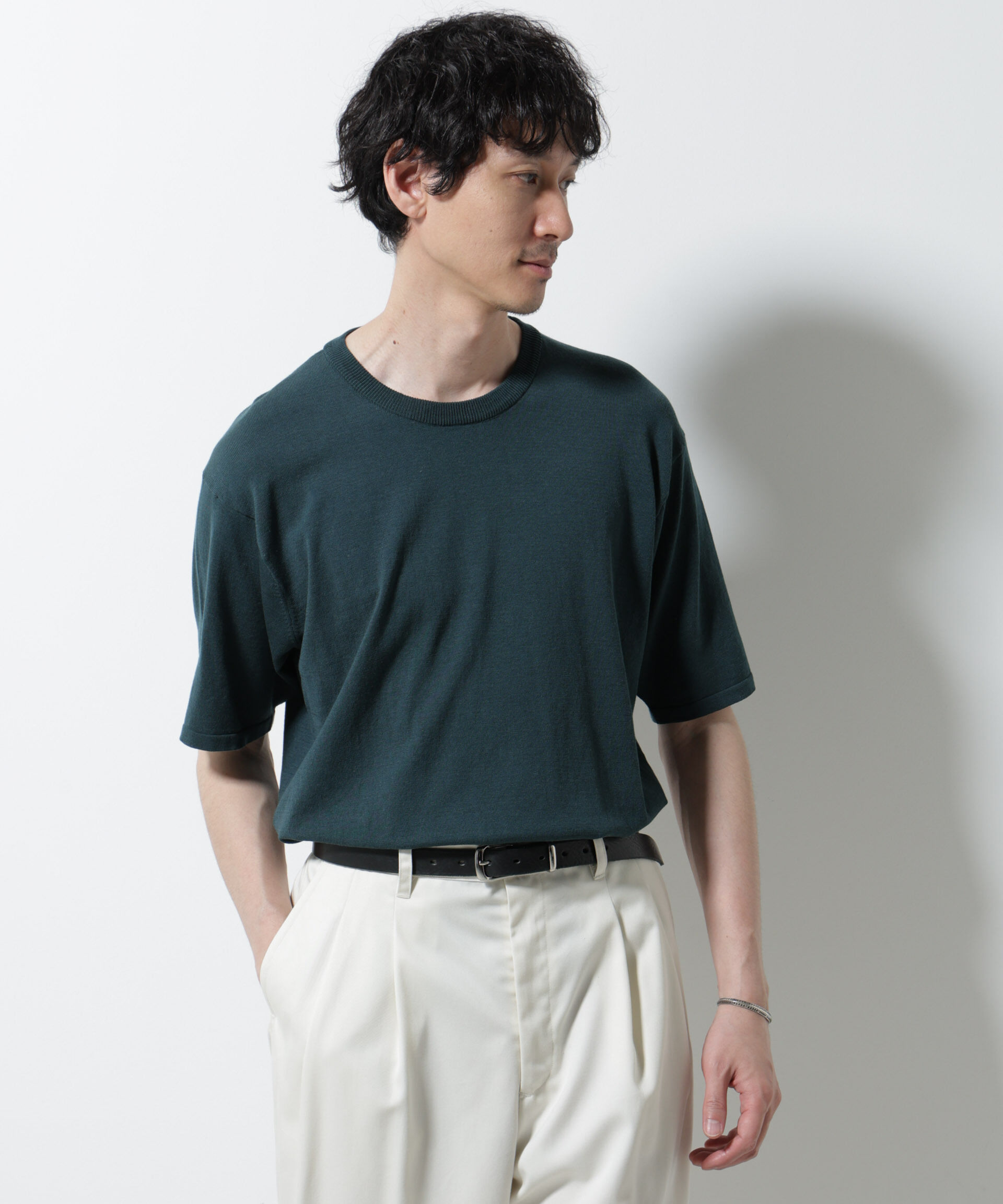nano･universe「シルキータッチニットTシャツ 半袖」|ニット・セーター|D.グリーン1