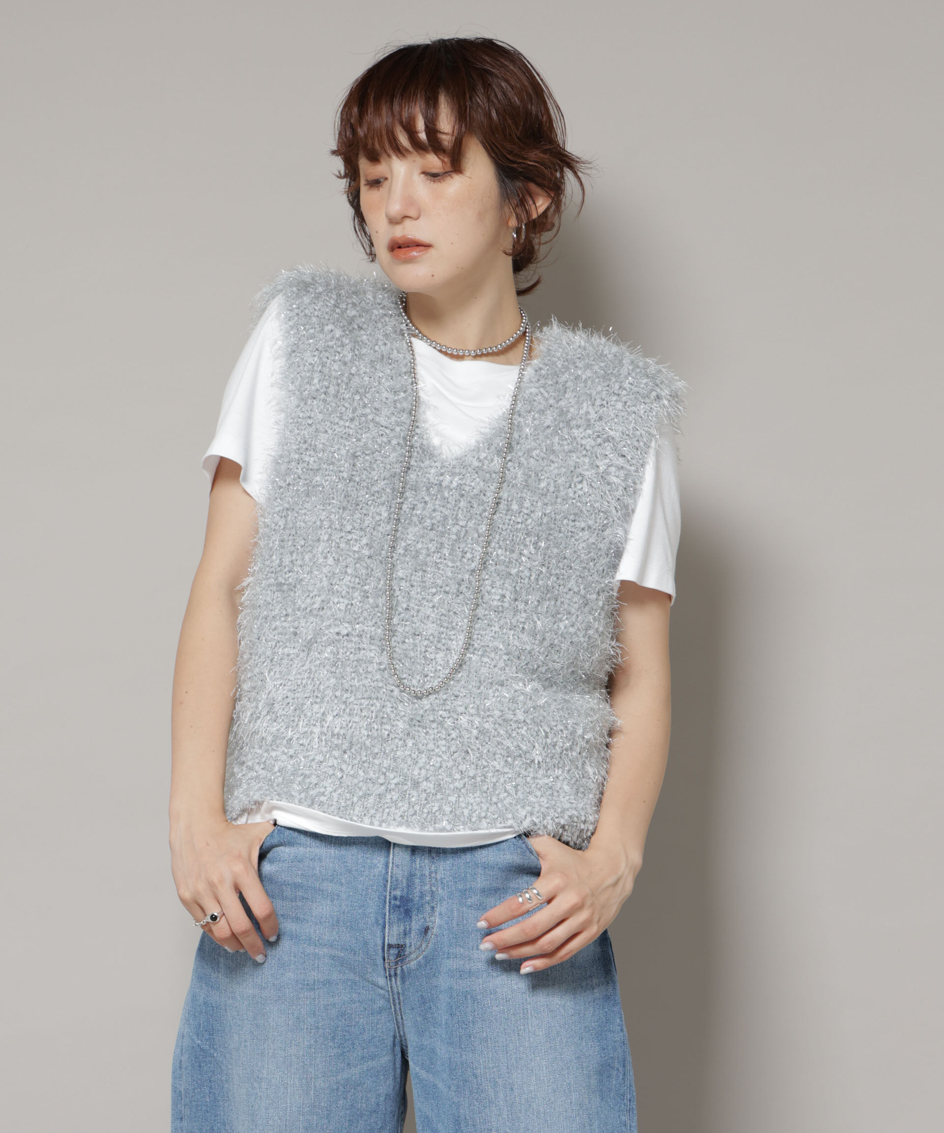 nano･universe「シャギーラメベスト」|ニット・セーター|