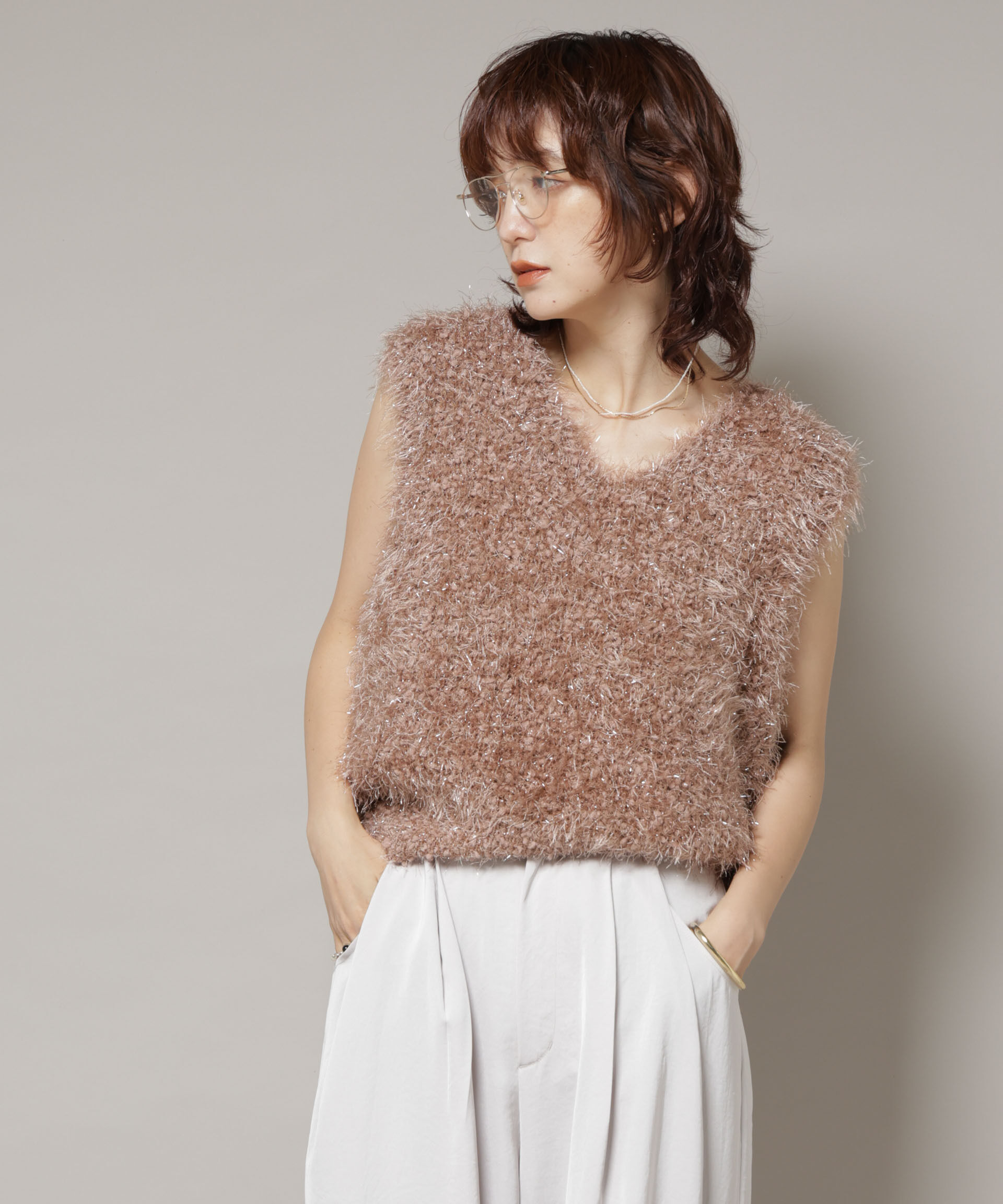 nano･universe「シャギーラメベスト」|ニット・セーター|モカ3