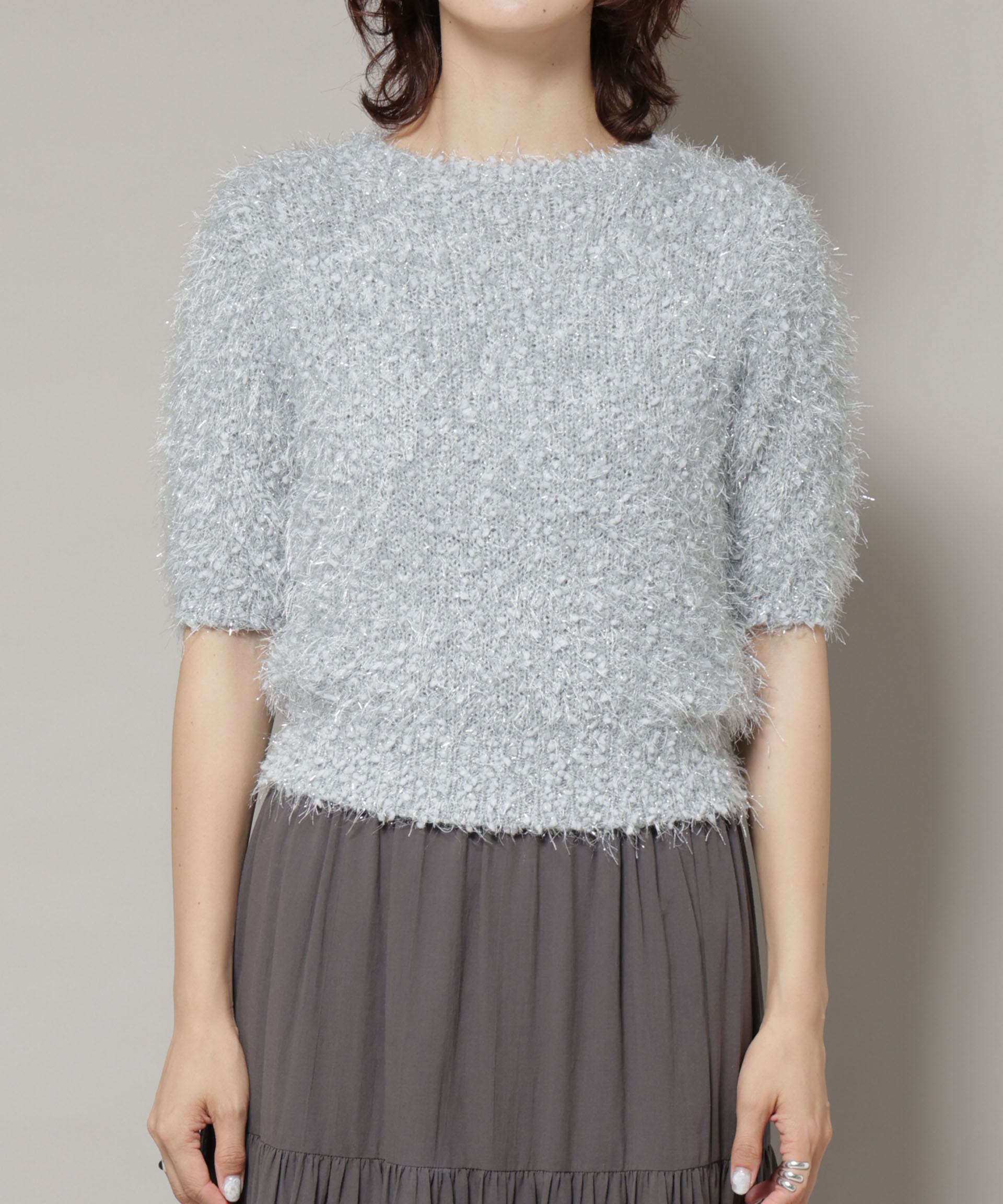 nano･universe「シャギーラメコンパクト半袖ニット」|ニット・セーター|