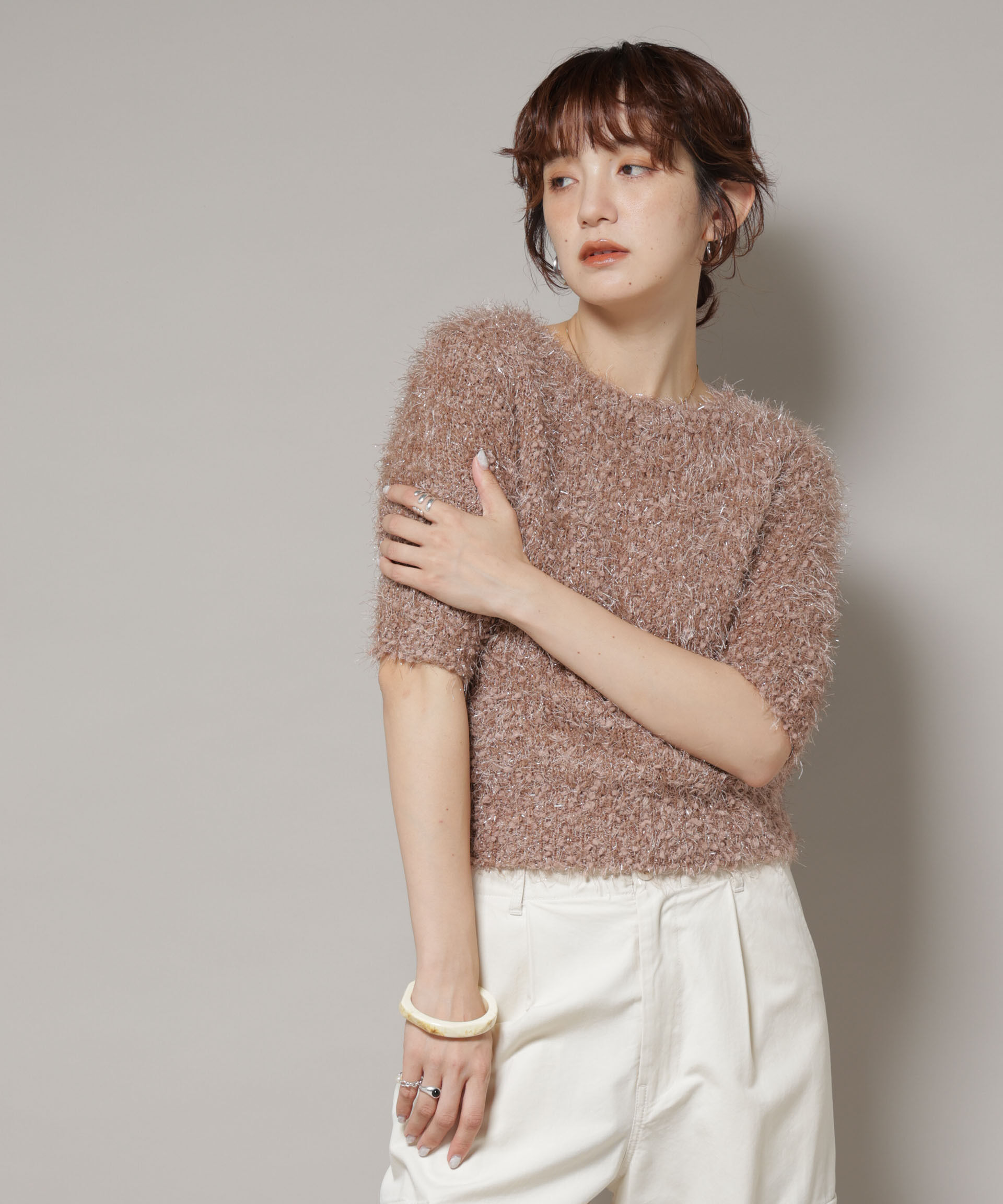 nano･universe「シャギーラメコンパクト半袖ニット」|ニット・セーター|