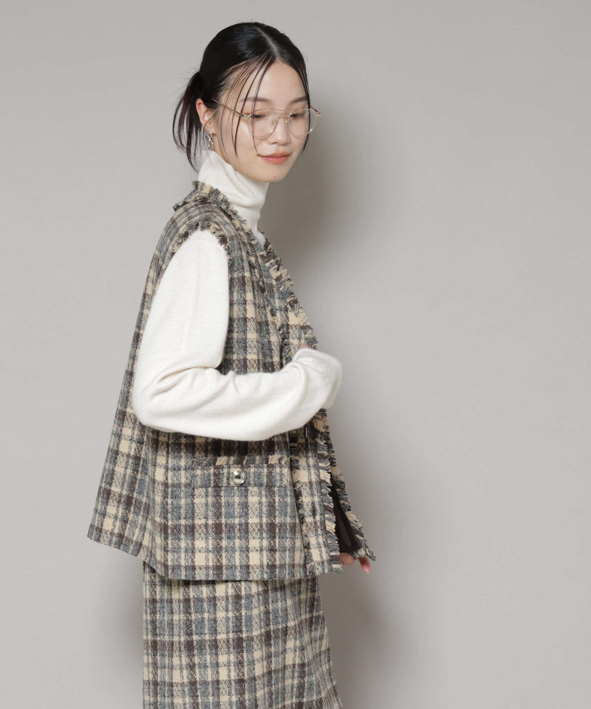 nano･universe「チェックフリンジ金ボタンジレ(セットアップ可)」|テーラードジャケット|