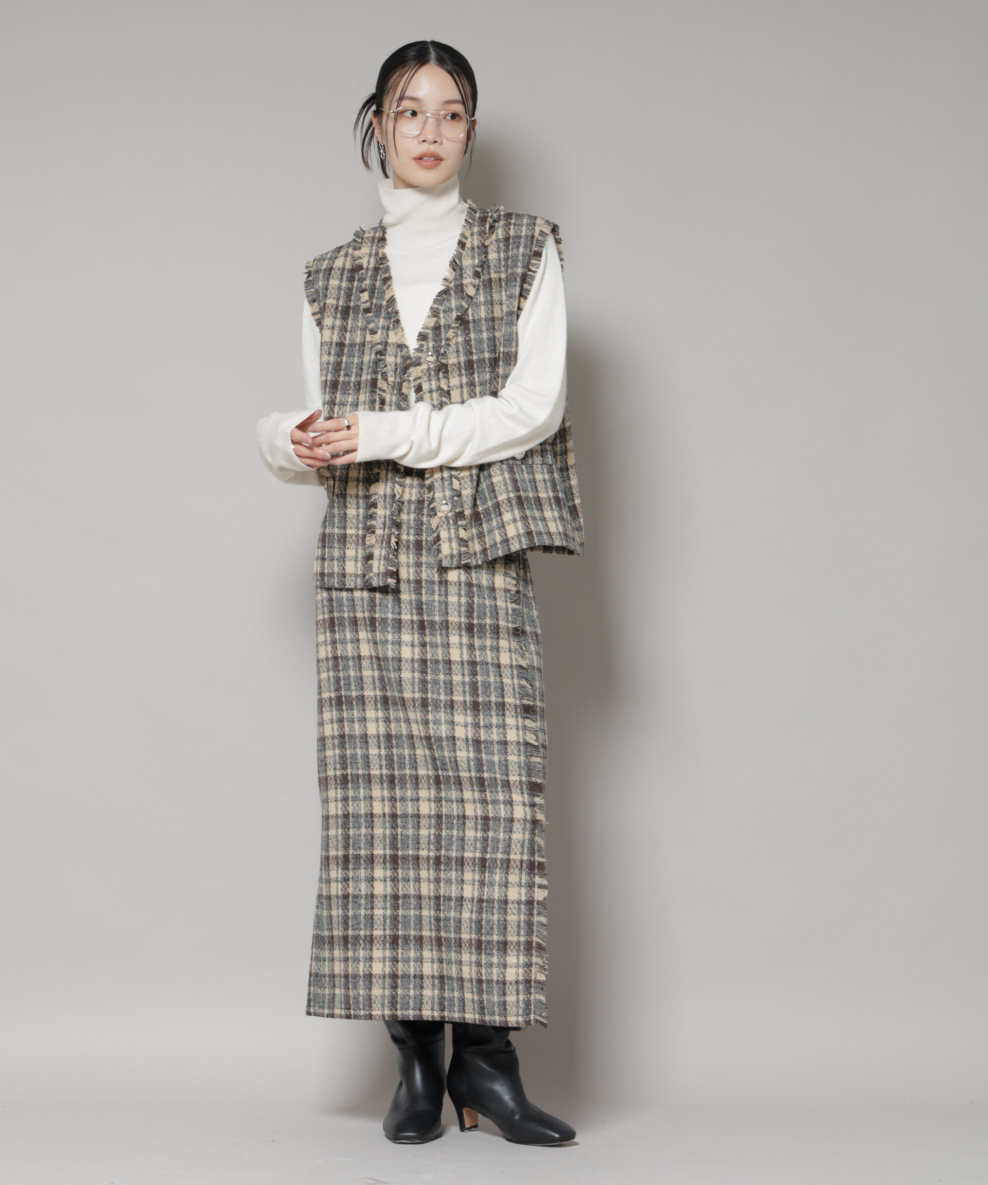 nano･universe「チェックフリンジ金ボタンジレ(セットアップ可)」|テーラードジャケット|