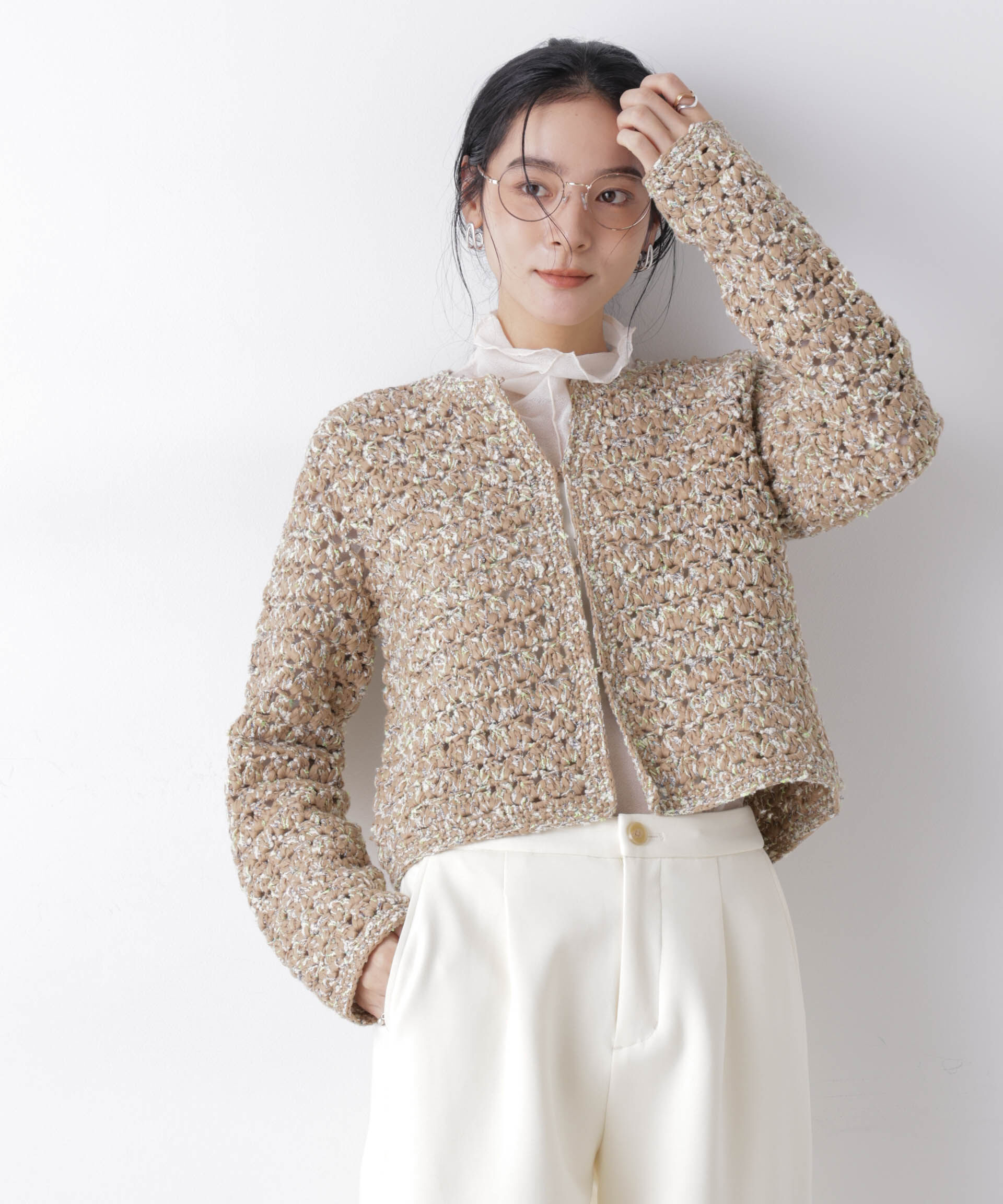 nano･universe「ミックスヤーンクロシェカーディガン」|ニット・セーター|ベージュ