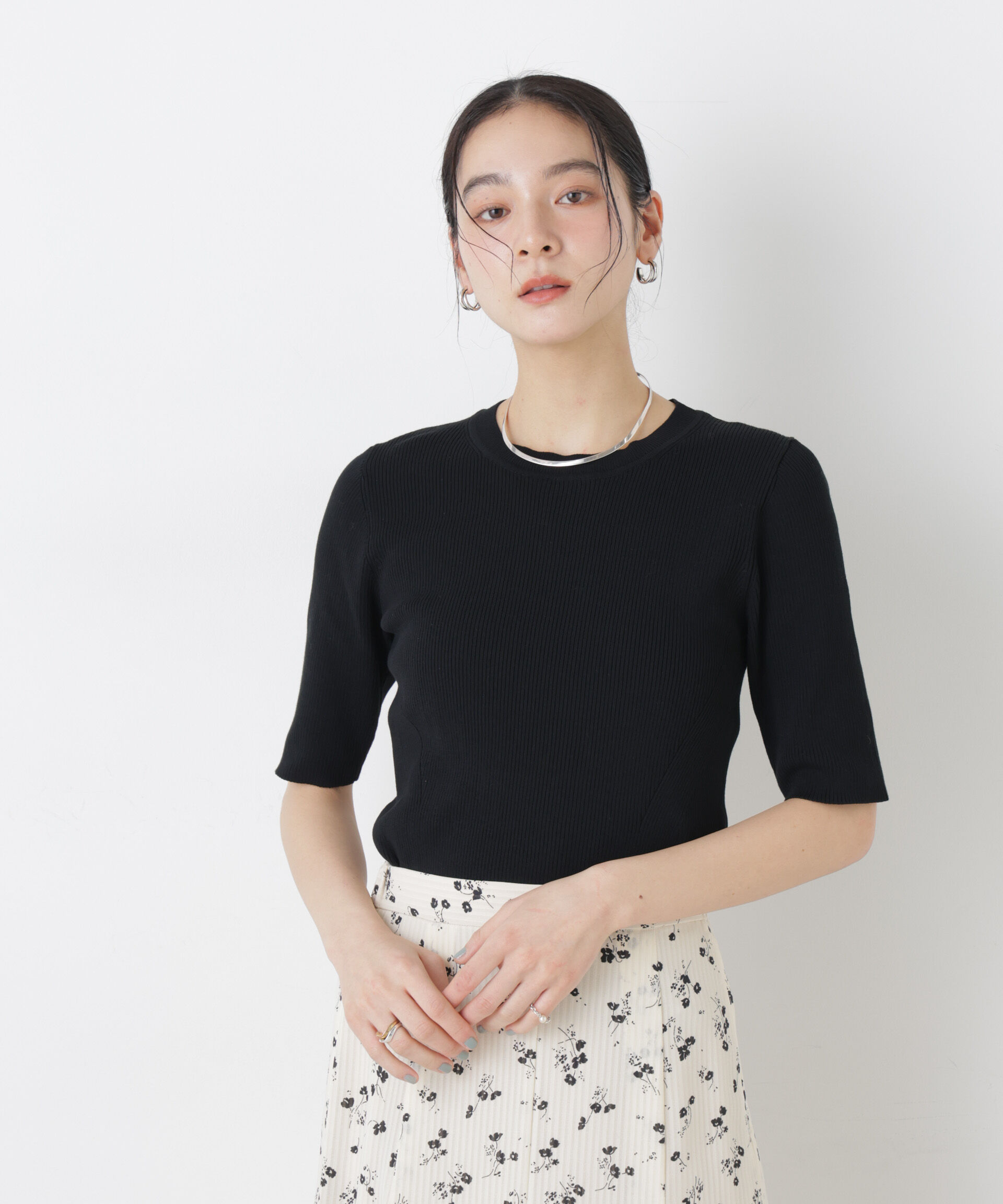 nano･universe「ウォッシャブルハイツイスト五分袖リブニット」|ニット・セーター|ブラック