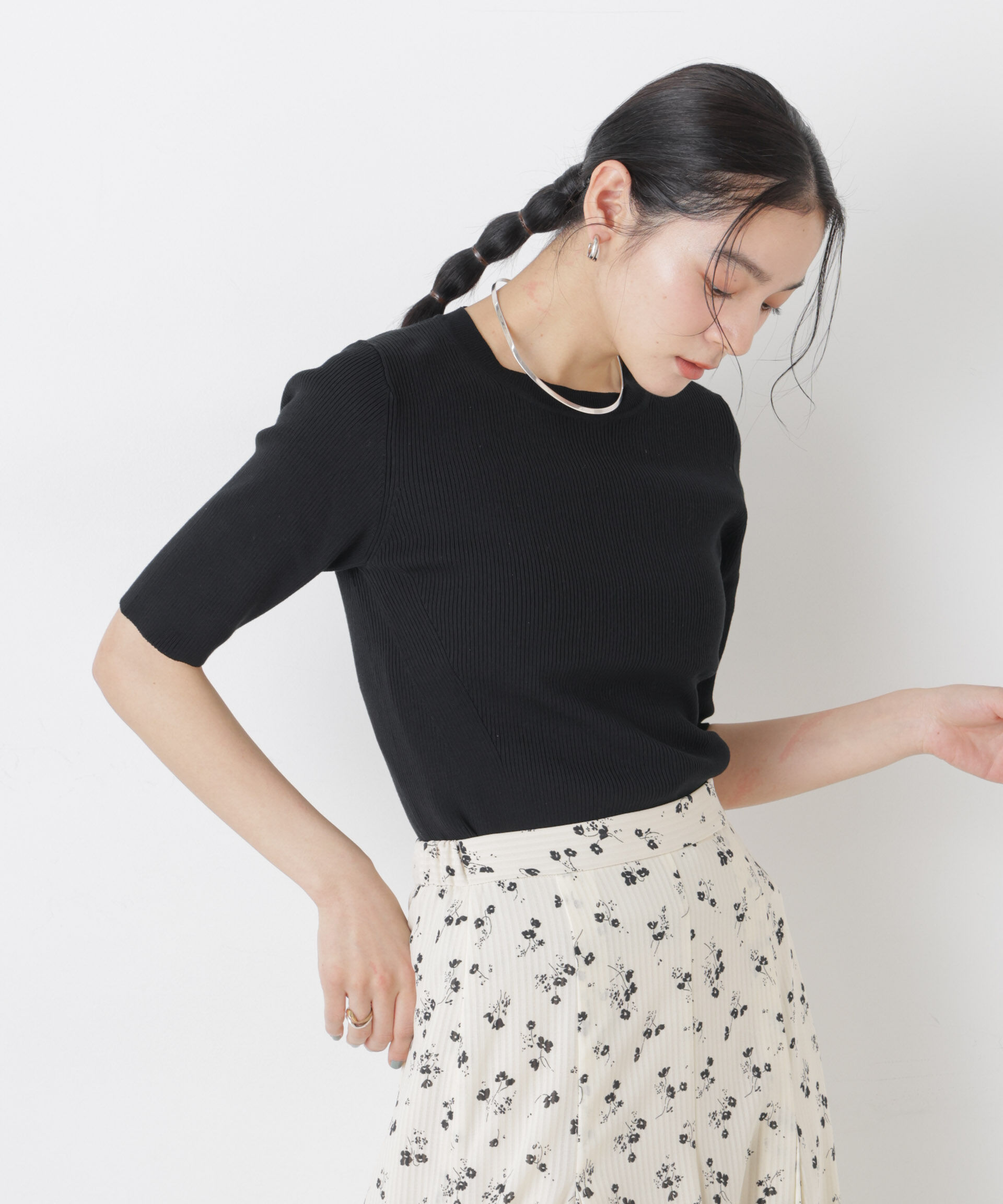 nano･universe「ウォッシャブルハイツイスト五分袖リブニット」|ニット・セーター|