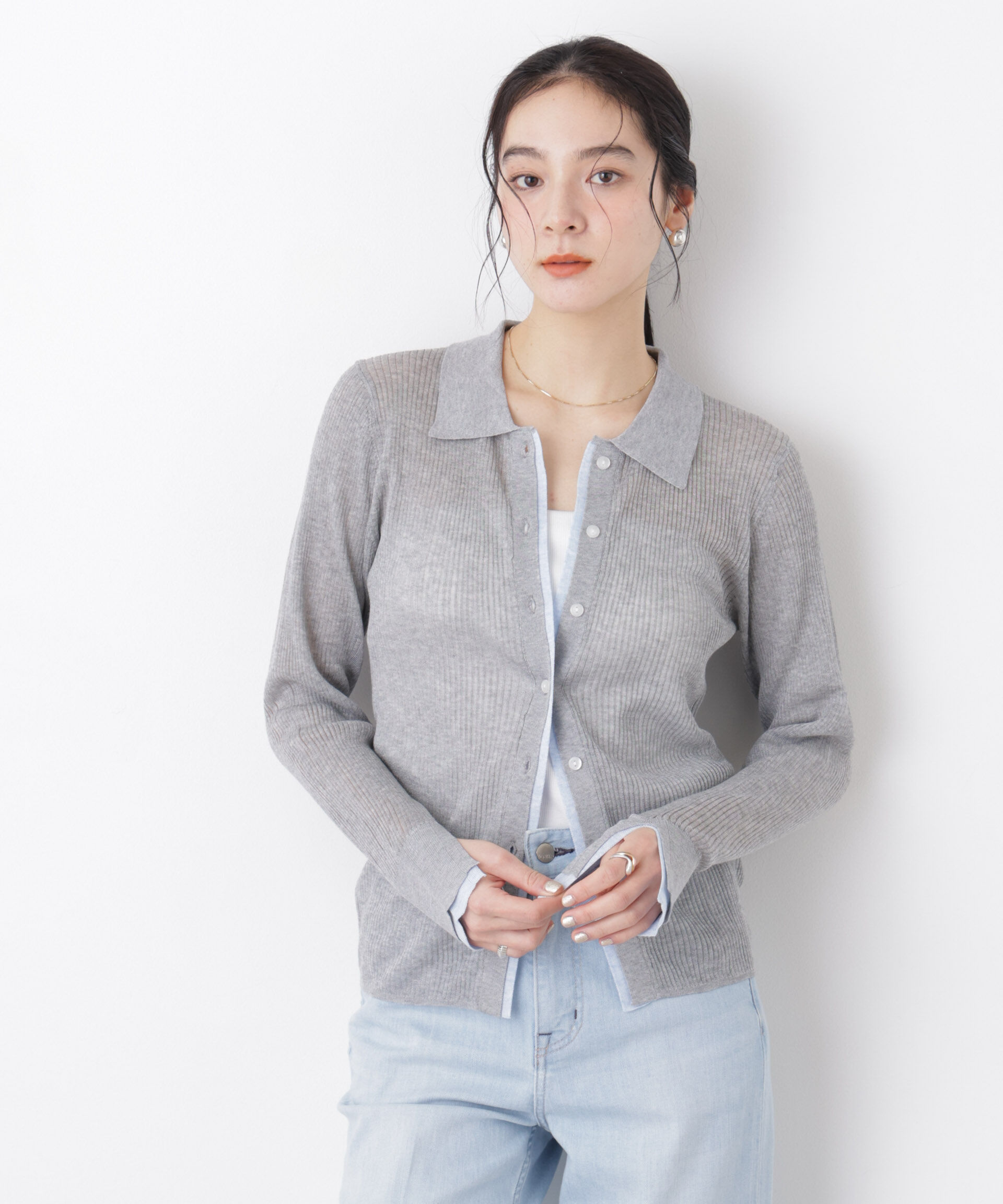 nano･universe「バイカラーシアーリブ衿付きカーディガン」|ニット・セーター|L.グレー1