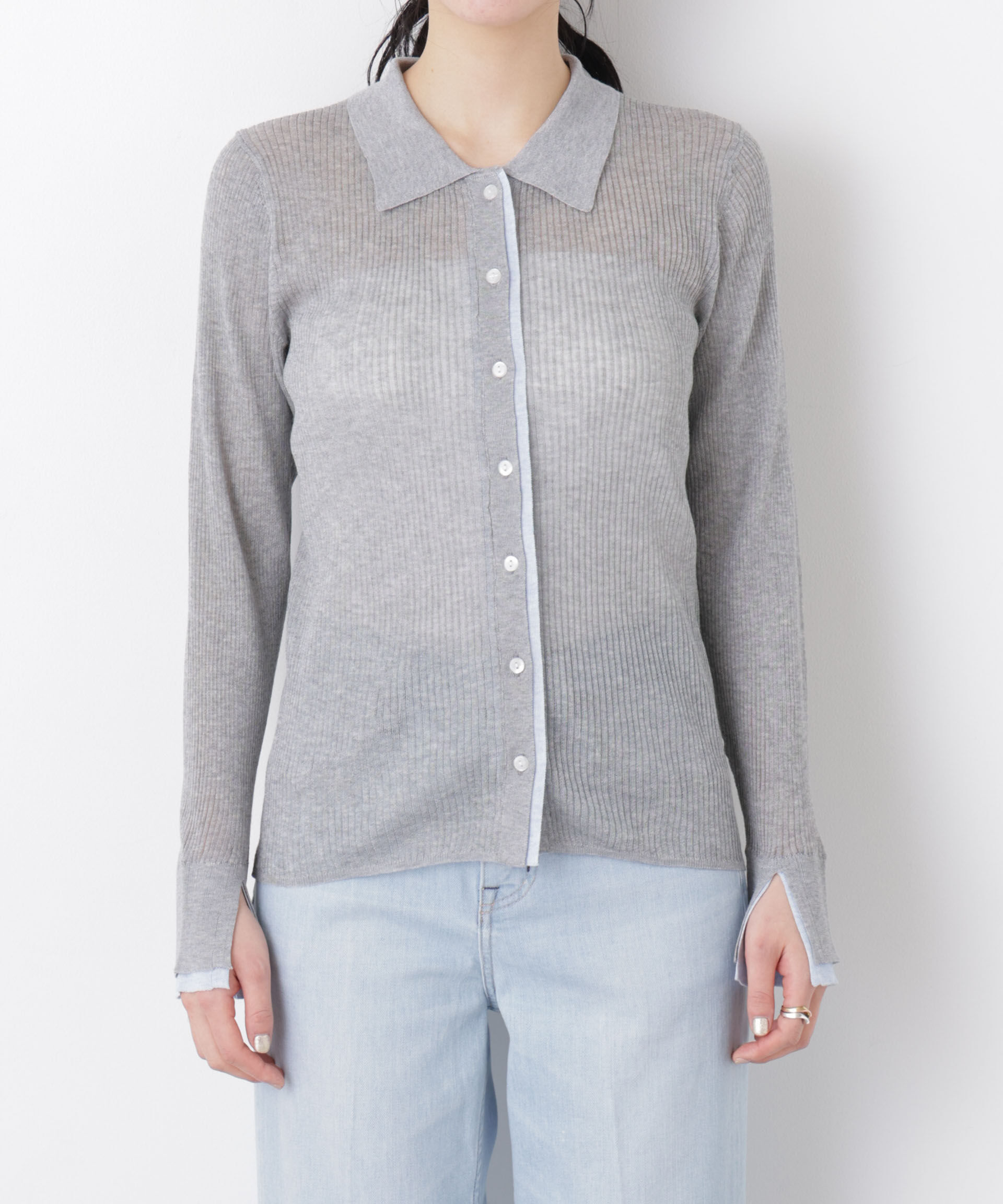 nano･universe「バイカラーシアーリブ衿付きカーディガン」|ニット・セーター|