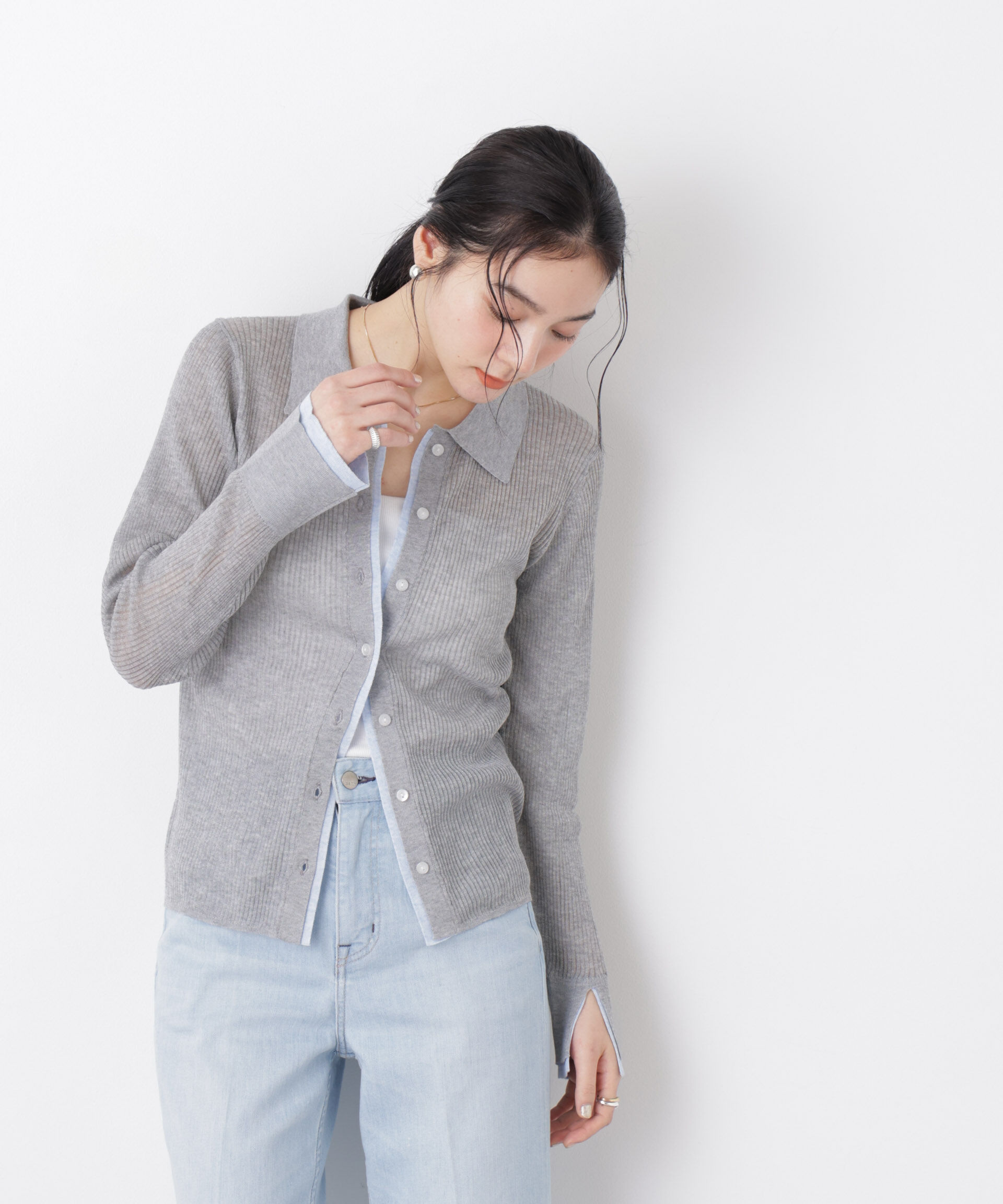 nano･universe「バイカラーシアーリブ衿付きカーディガン」|ニット・セーター|