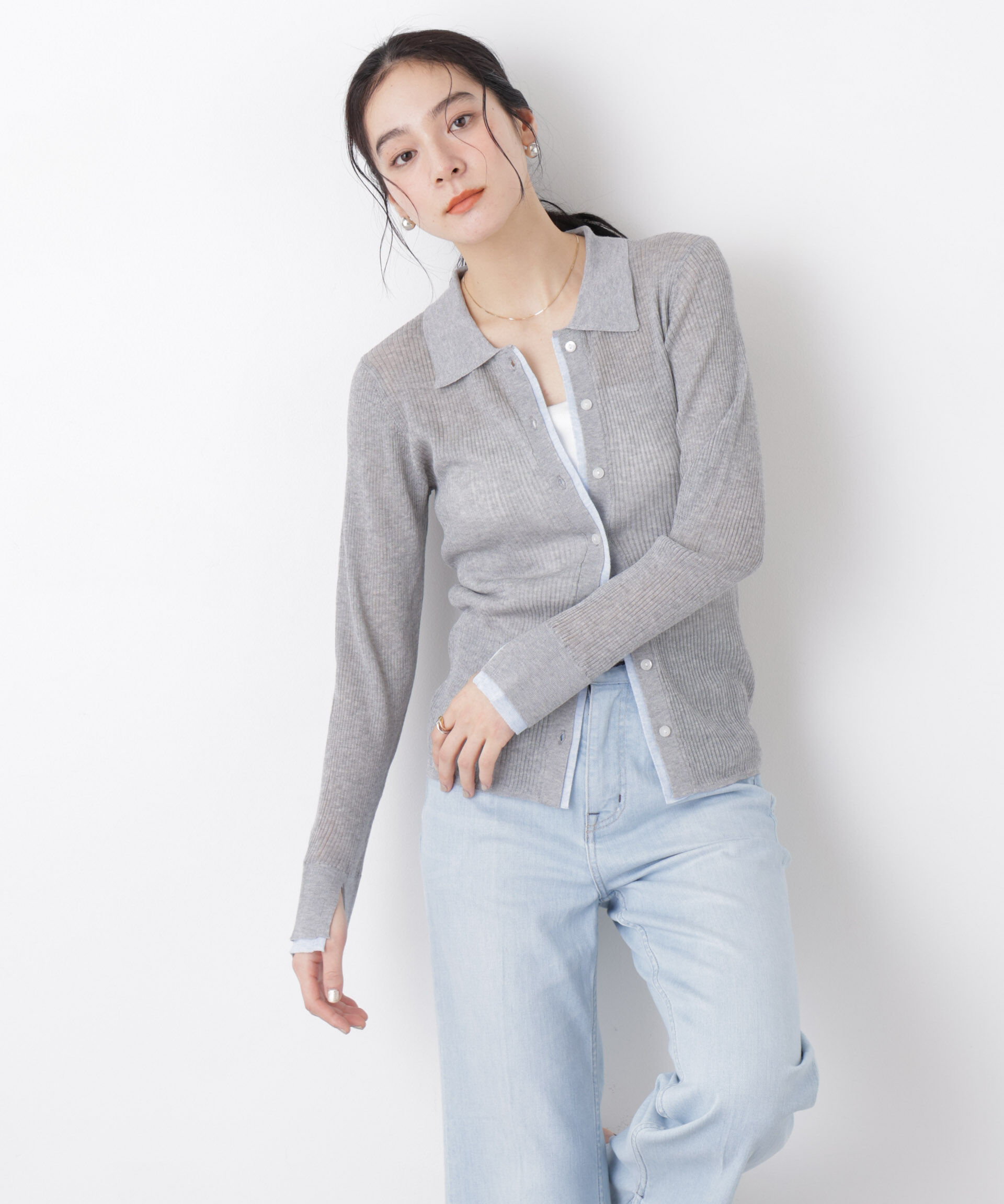 nano･universe「バイカラーシアーリブ衿付きカーディガン」|ニット・セーター|