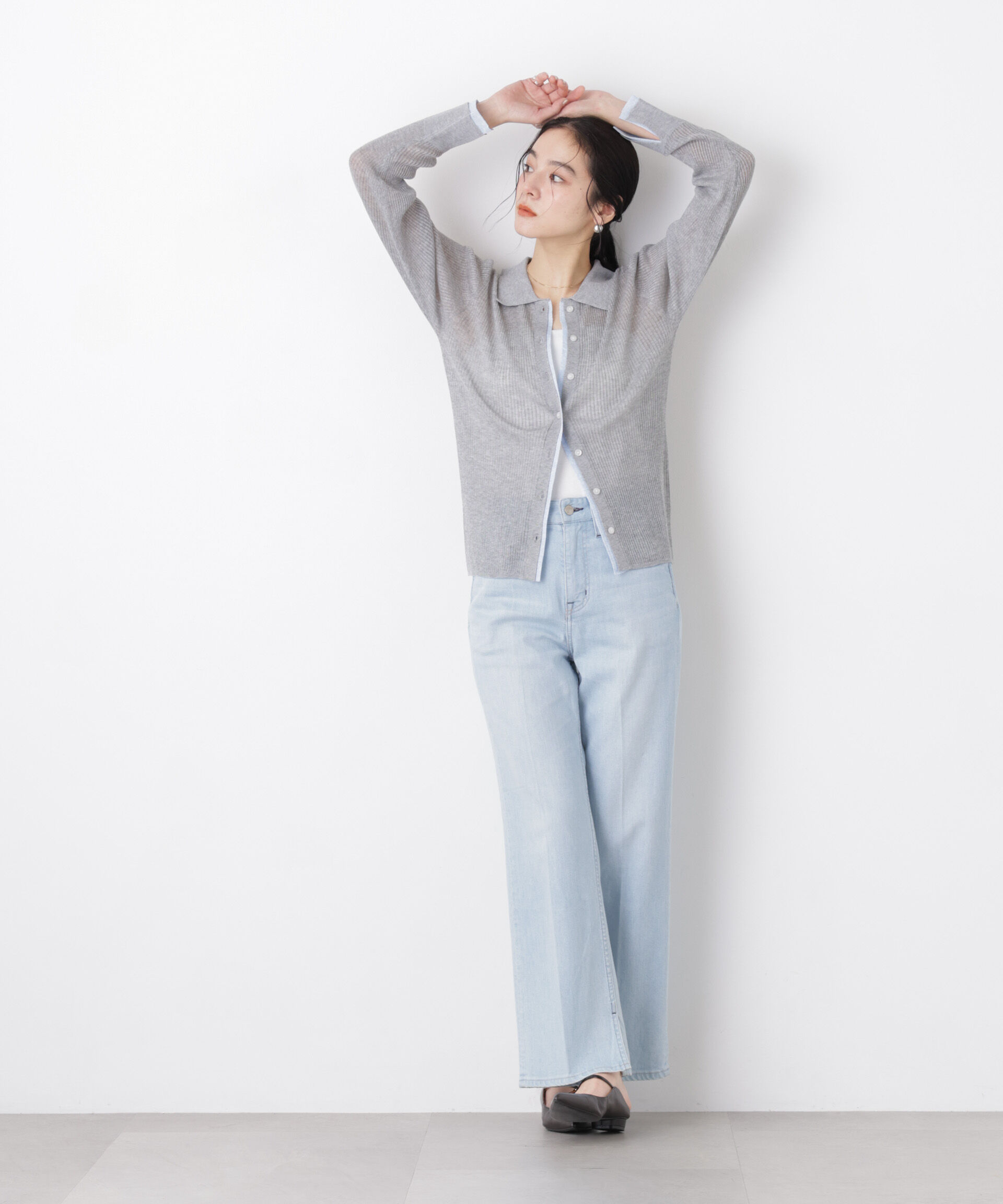 nano･universe「バイカラーシアーリブ衿付きカーディガン」|ニット・セーター|