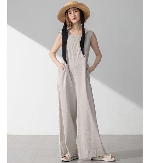 23区「【洗える】リネンレーヨンストレッチ スクエアネック オールインワン」|オールインワン|