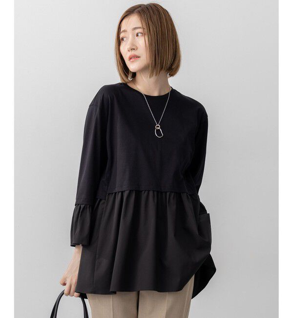 23区「【洗える】シルキータフタコンビ ペプラム カットソー」|Tシャツ・カットソー|ブラック系