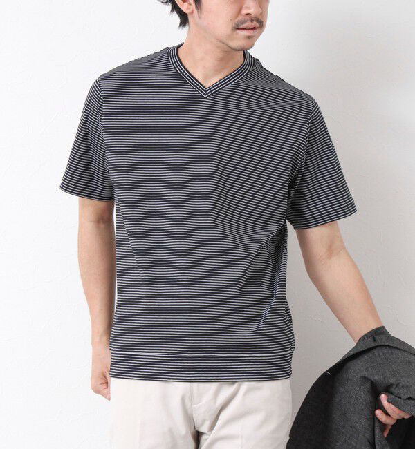 NOLLEY'S goodman「《ビジカジ対応》セミシルケットスムース ボーダー Vネック ドレスTシャツ 25SS」|Tシャツ・カットソー|ブラック系その他