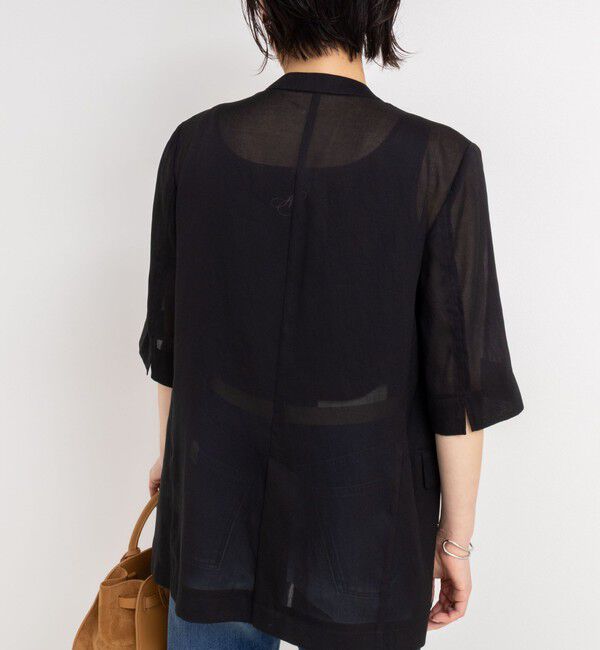 NOLLEY'S「ウォッシャブルリネン風シアー5分袖ジャケット」|ノーカラージャケット|