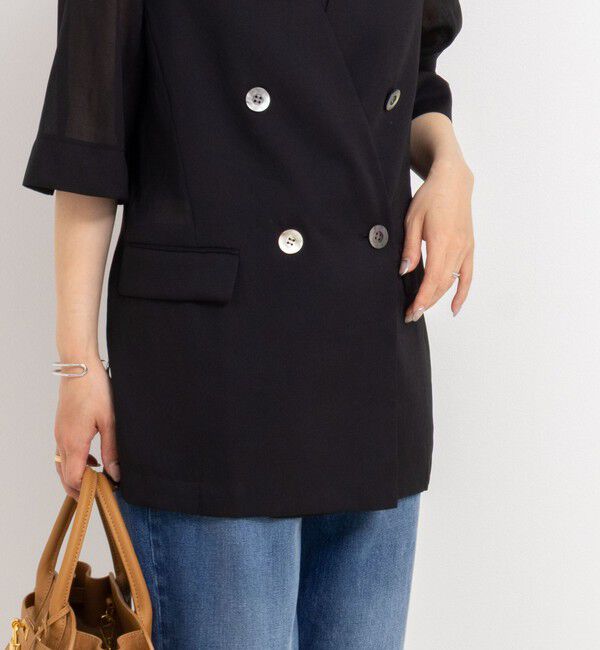 NOLLEY'S「ウォッシャブルリネン風シアー5分袖ジャケット」|ノーカラージャケット|