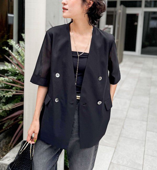 NOLLEY'S「ウォッシャブルリネン風シアー5分袖ジャケット」|ノーカラージャケット|