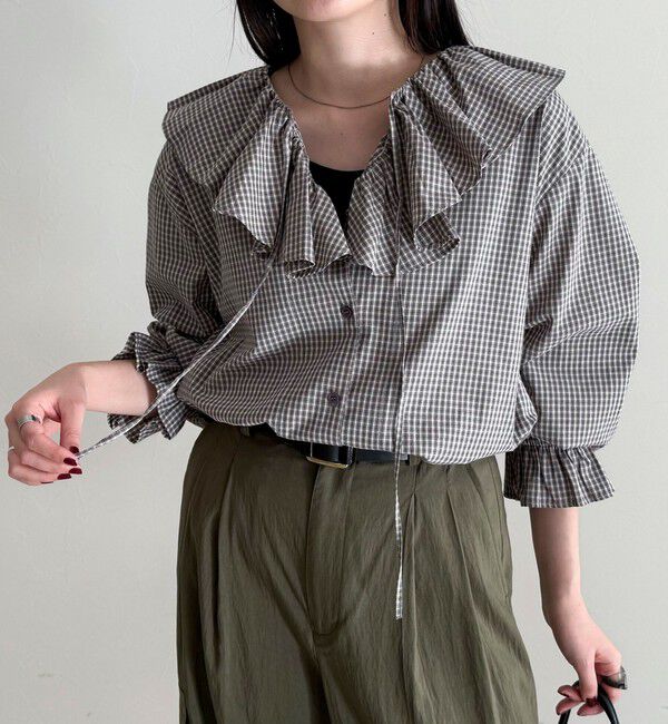 fredy emue「チェックフリルカラーブラウス」|シャツ・ブラウス|ブラック系その他