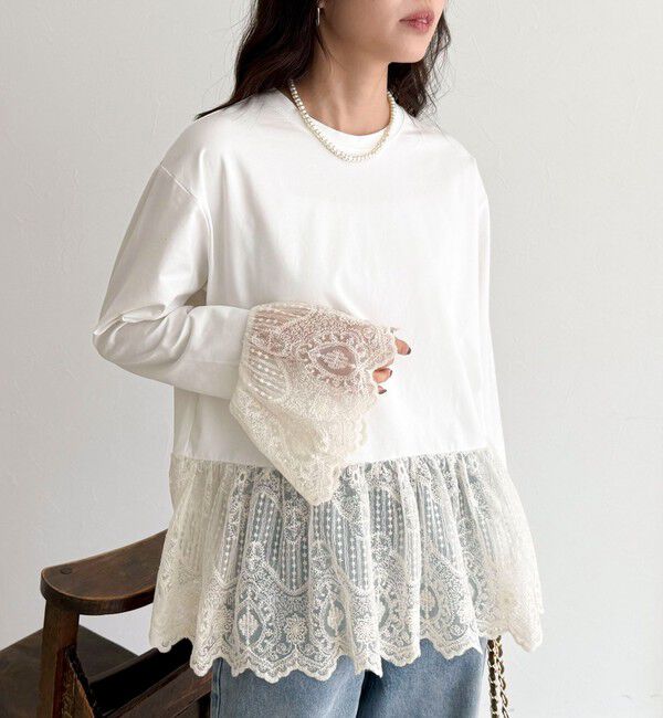 fredy emue「【3回目の追加販売！】レースドッキングロンTシャツ」|Tシャツ・カットソー|