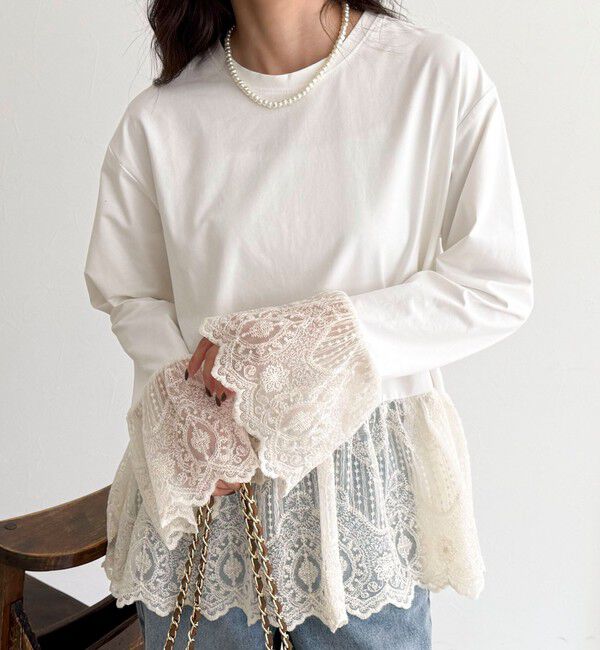 fredy emue「【3回目の追加販売！】レースドッキングロンTシャツ」|Tシャツ・カットソー|