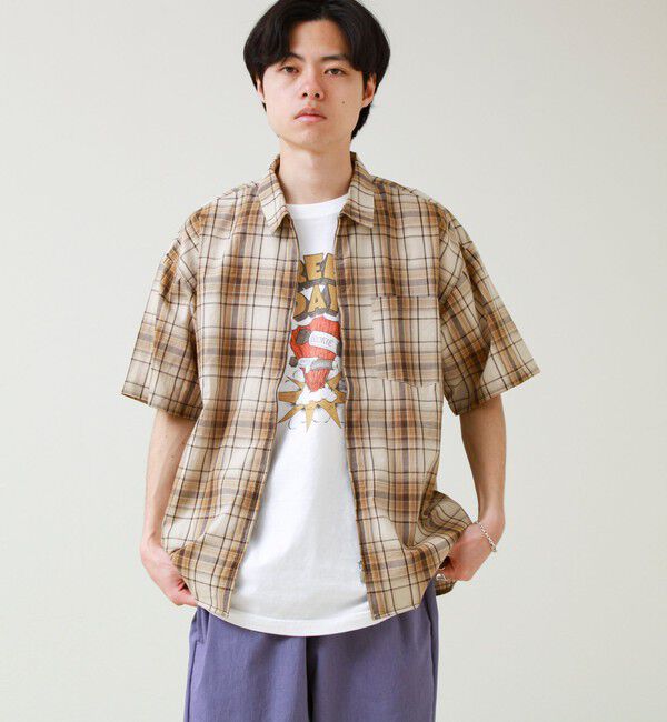GLOSTER「【軽羽織りにおすすめ】シアーチェック 半袖ZIPシャツ」|シャツ・ブラウス|ベージュ系その他