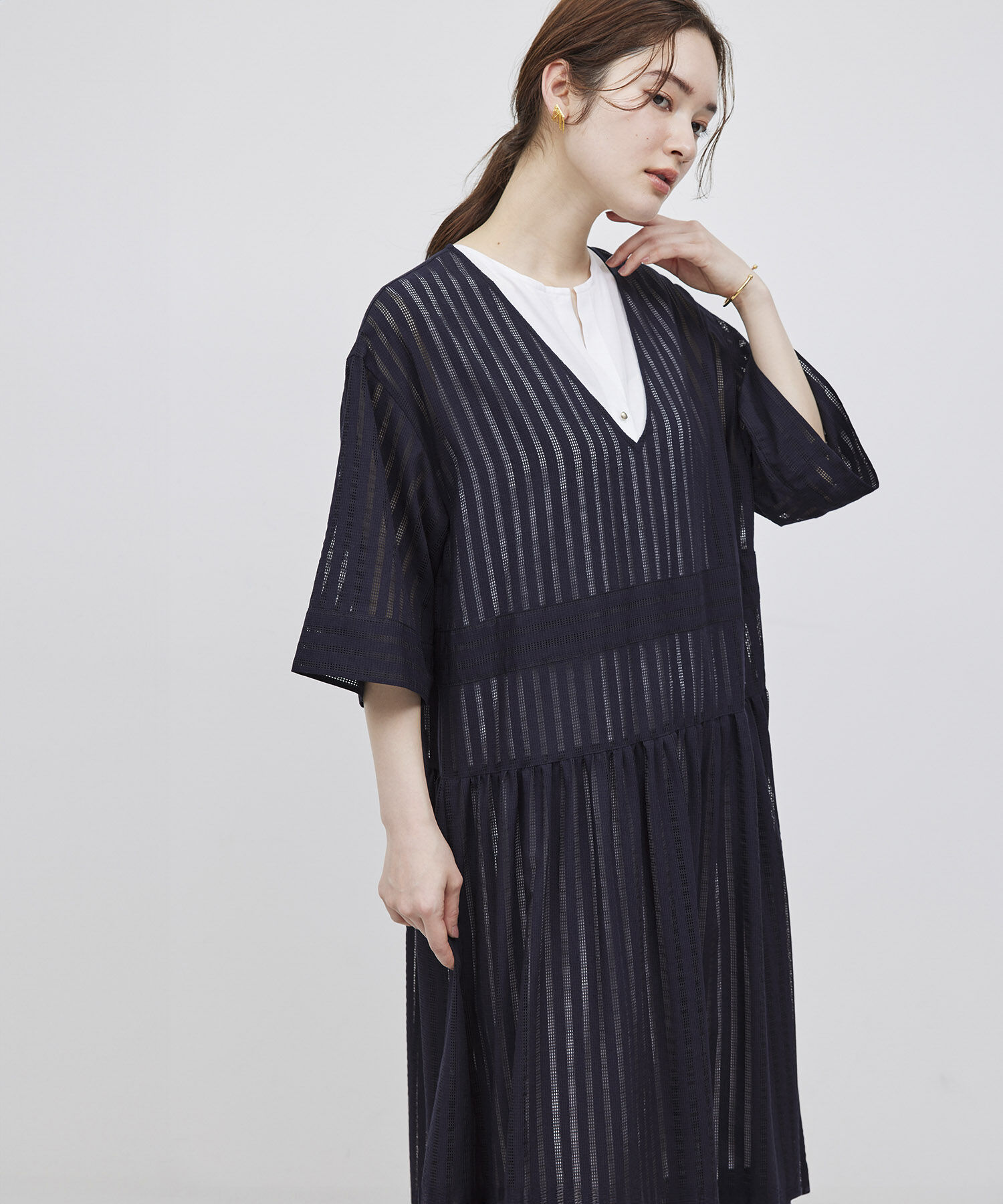 ROPE「シャドーストライプ/楊柳 レイヤードワンピース」|ワンピース|