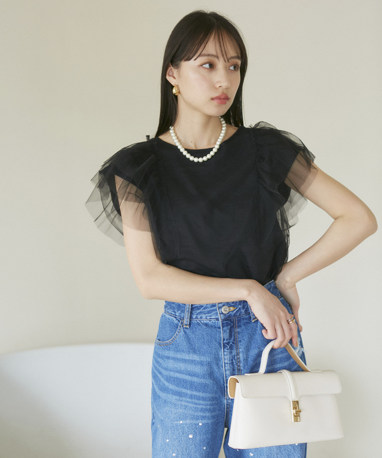 VIS「【洗える】バックリボンチュールドッキングプルオーバー」|Tシャツ・カットソー|
