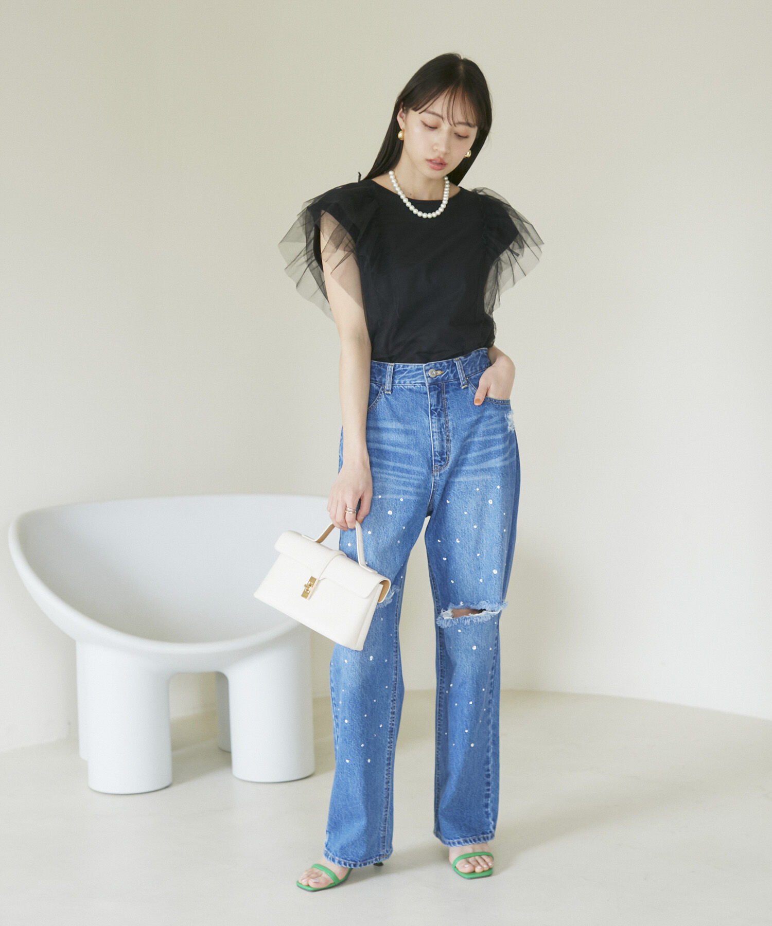 VIS「【洗える】バックリボンチュールドッキングプルオーバー」|Tシャツ・カットソー|