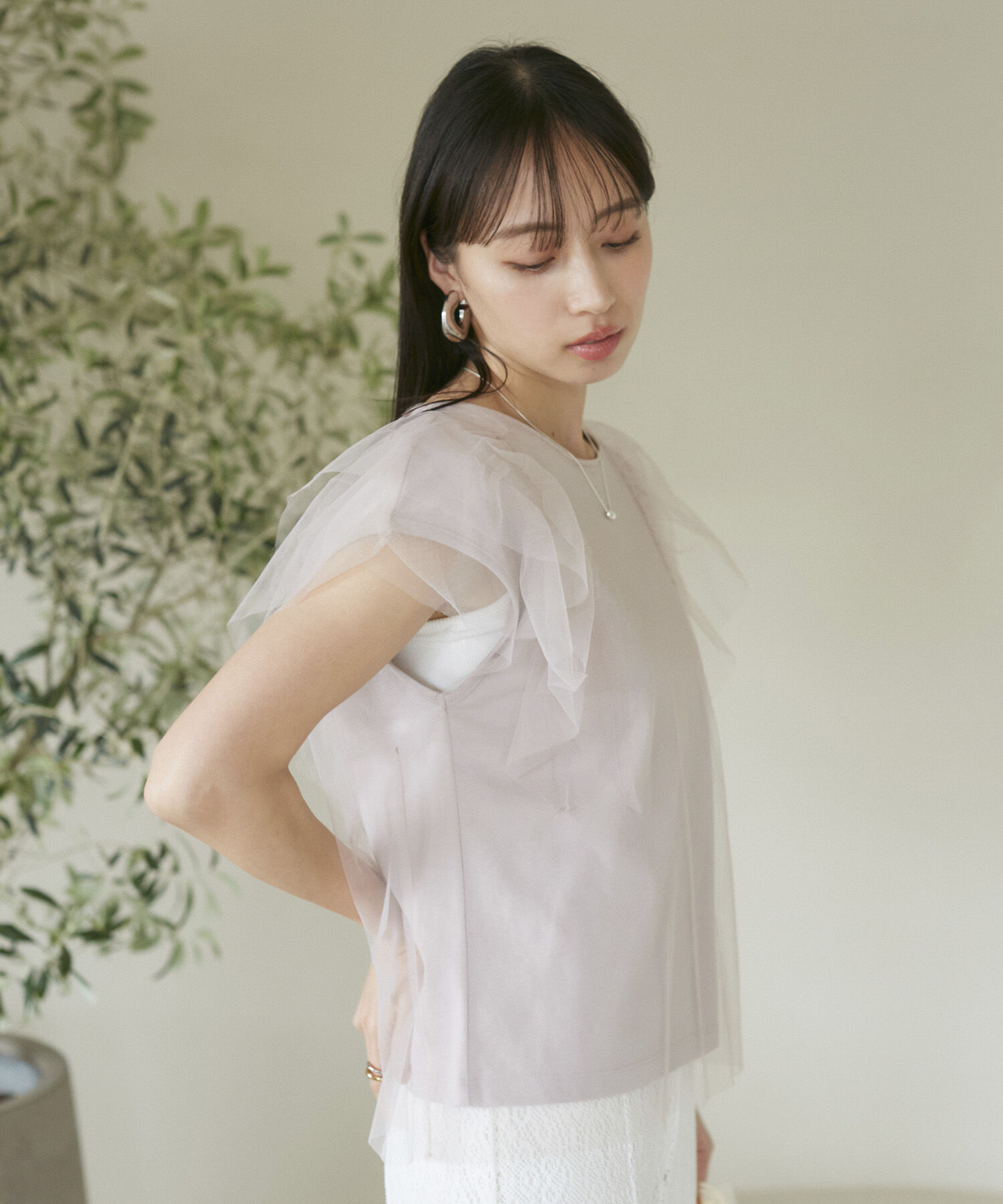 VIS「【洗える】バックリボンチュールドッキングプルオーバー」|Tシャツ・カットソー|