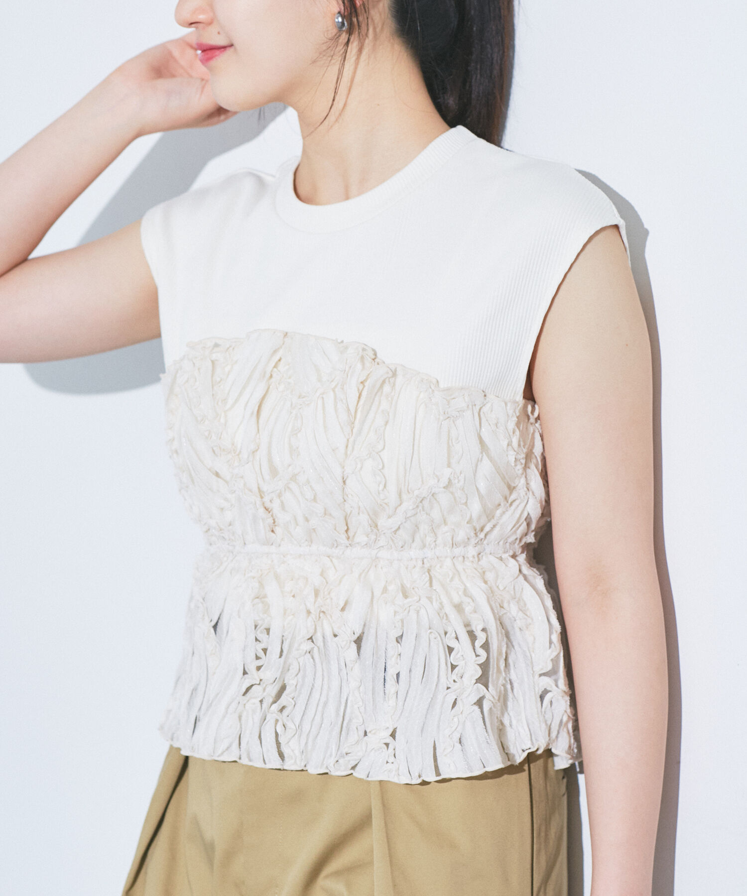 VIS「旬なレイヤードスタイルが叶う！ビスチェドッキングフレンチスリーブプルオーバー【洗える】」|Tシャツ・カットソー|キナリ系(18)