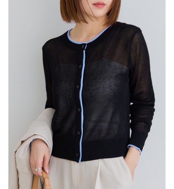 VIS「【WEB限定】リネンタッチ配色シアーカーディガン」|カーディガン|ブラック(01)