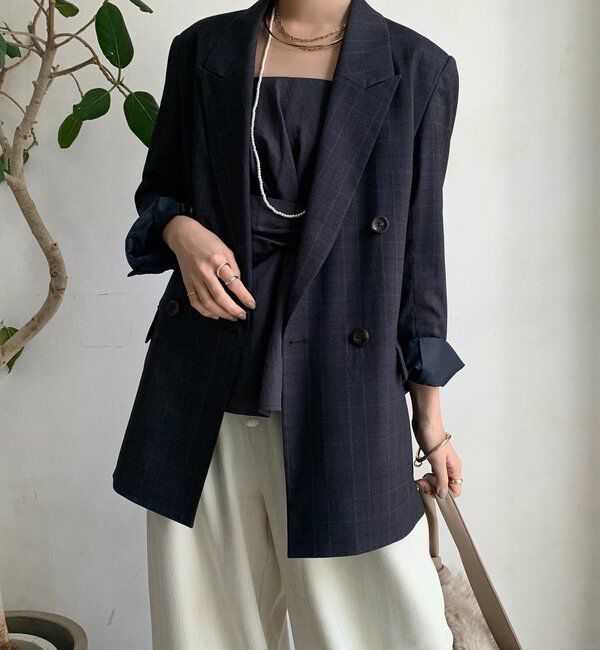  「肩パッドチェックダブルジャケット」|テーラードジャケット|