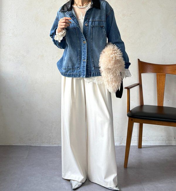  「【襟の取り外しが可能！】レザーカラーデニムジャケット」|ブルゾン・スタジャン|