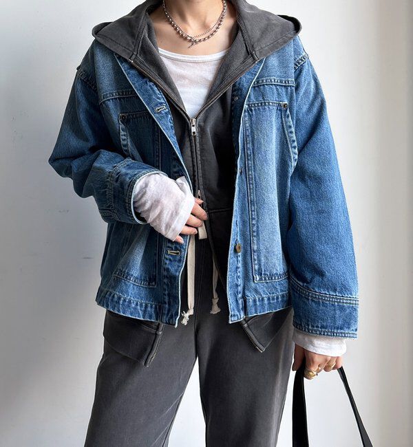  「【襟の取り外しが可能！】レザーカラーデニムジャケット」|ブルゾン・スタジャン|