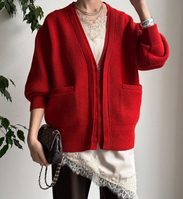  「ジップニットカーディガン」|カーディガン|レッド