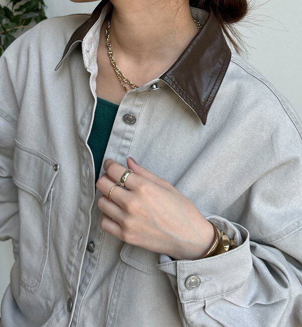  「フェイクレザー衿シャツジャケット」|ブルゾン・スタジャン|