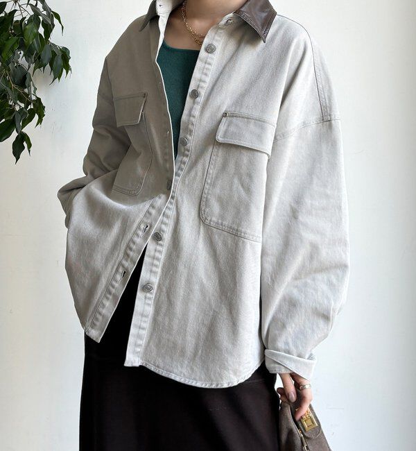  「フェイクレザー衿シャツジャケット」|ブルゾン・スタジャン|