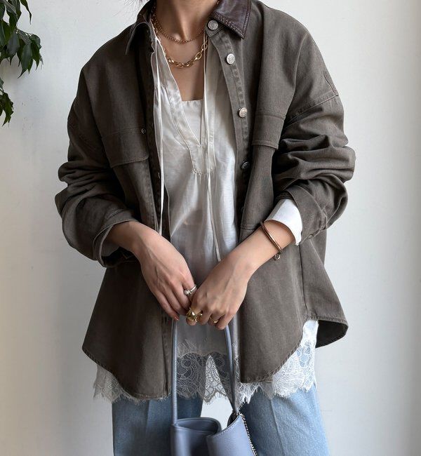  「フェイクレザー衿シャツジャケット」|ブルゾン・スタジャン|モカ