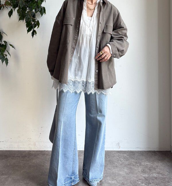  「フェイクレザー衿シャツジャケット」|ブルゾン・スタジャン|