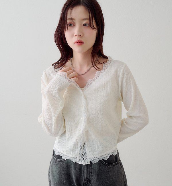  「レース切替カーディガン」|Tシャツ・カットソー|オフホワイト