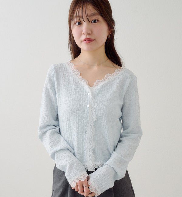  「レース切替カーディガン」|Tシャツ・カットソー|サックスブルー