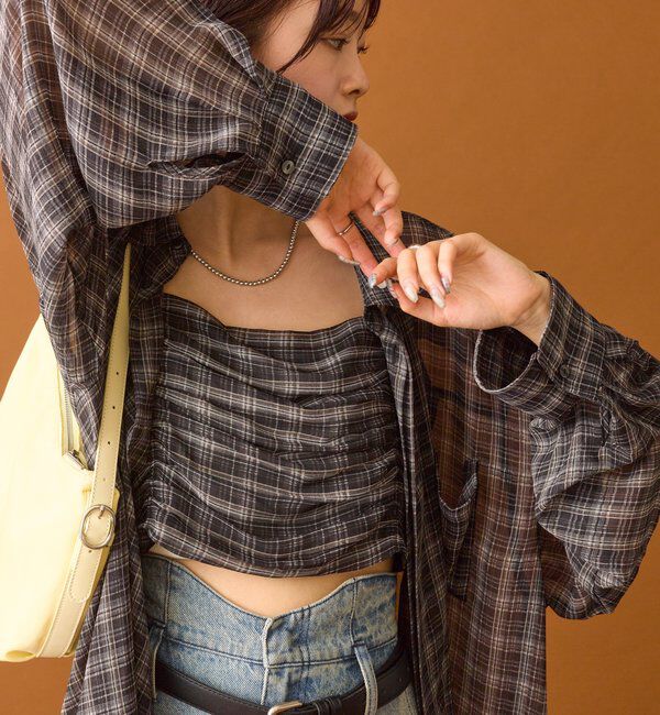  「【着こなし豊富◎】チェックビスチェSETビッグシャツ」|シャツ・ブラウス|ブラック