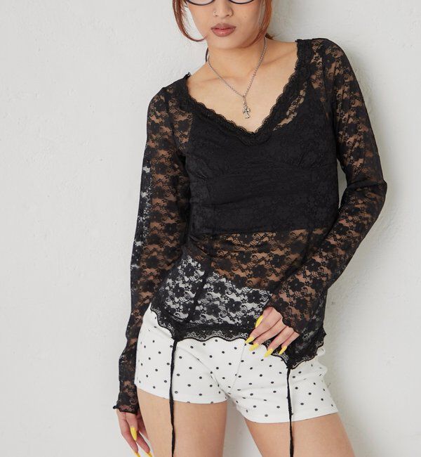  「レースガータートップス」|Tシャツ・カットソー|ブラック