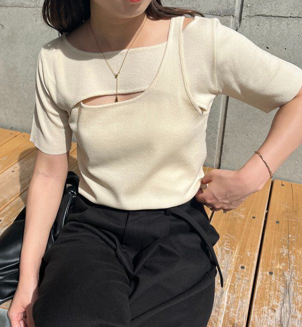  「クロスレイヤード半袖ニット」|ニット・セーター|ベージュ