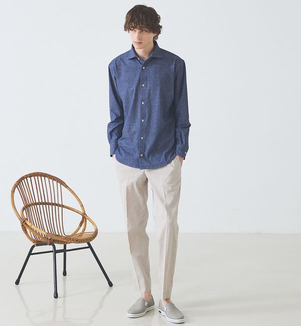 ABAHOUSE「【ON/OFF兼用】ストライプ＆デニムライク　360&deg;ストレッチ ワイドカラーシ」|シャツ・ブラウス|