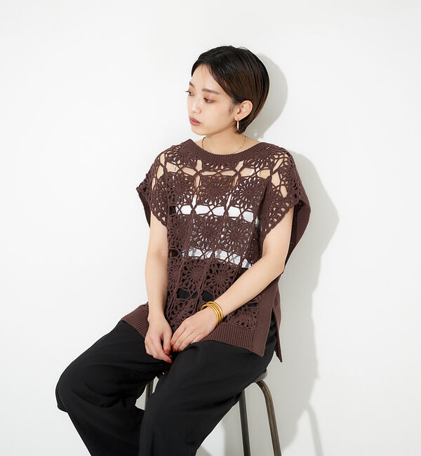 NOMINE「かぎ針カノコ3WAYベストプルーバーカーディガン」|ニット・セーター|ダークブラウン