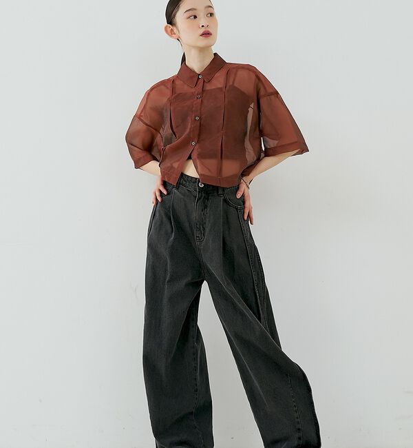 NOMINE「サイドライン タック ワイド ハイウエスト デニムパンツ」|デニム|