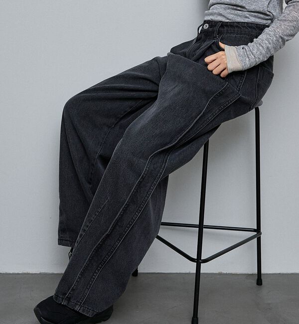 NOMINE「サイドライン タック ワイド ハイウエスト デニムパンツ」|デニム|