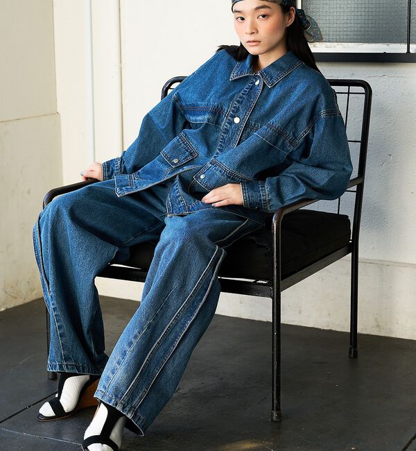 NOMINE「サイドライン タック ワイド ハイウエスト デニムパンツ」|デニム|